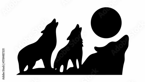 Three wolves howling at a full moon in silhouette against a white background in a simple illustration