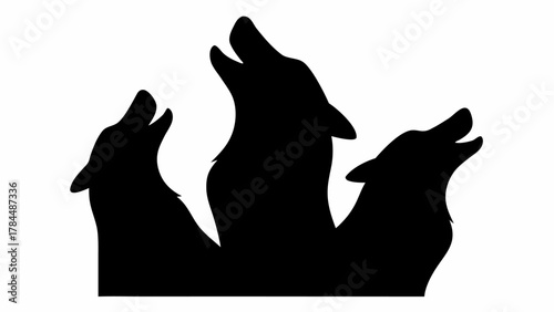 Silhouette of three wolves howling together against a white background in a simple graphic design style