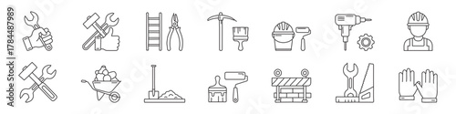 Construction and repair tools line icon set – editable stroke outline with builder, safety gear, painting and power tools,   helmet, paint, drill, gear, gloves, and repair equipment