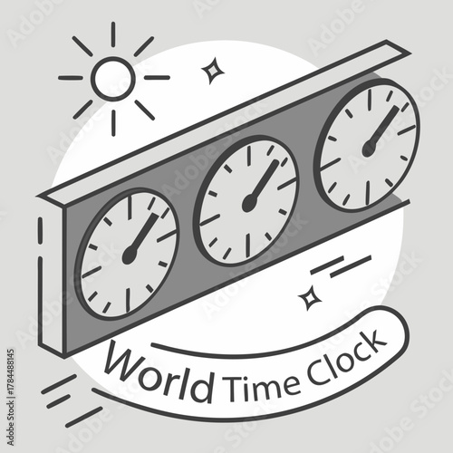 Illustration of a world time clock with three analog clocks and sun and star icons around it