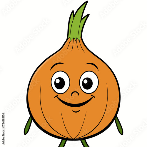 Cartoon style illustration of a smiling onion with green sprouts and arms on a white background