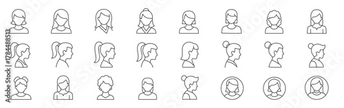 Mega Collection of Female avatar and profile line icons – editable stroke outline, front and side views with various hairstyles, woman, user, business, and professional portrait