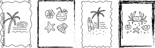 Ancient chinese oracle bone script depicting nautical themes and symbols Four oracle bone script inscriptions, featuring stylized crabs, palm trees, waves, and Chinese characters, likely related to an