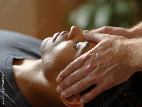 Head massage relaxation therapy wellness spa gentle touch stress relief calm peaceful person lying down person receives gentle head massage promoting relaxation and stress relief calm peaceful