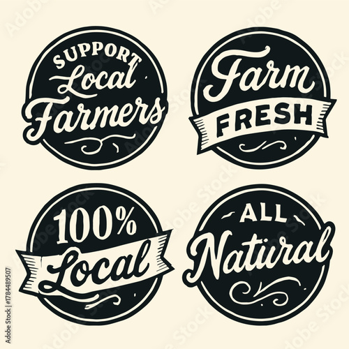 Vintage circular badges with farm fresh, local farming, 100% local, and all natural labels. Ideal for organic food branding, eco packaging, farmers market, and sustainable marketing.
