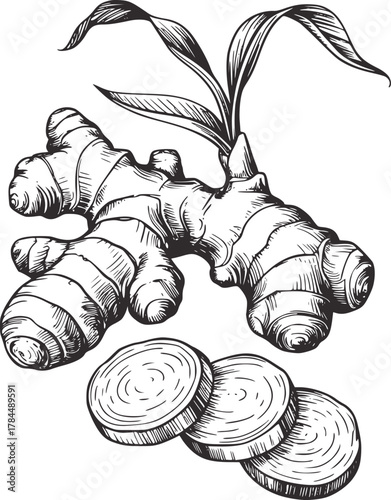 Ginger root with leaves and slices spice herb