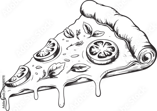 Hand drawn pizza slice with melting cheese food tomato