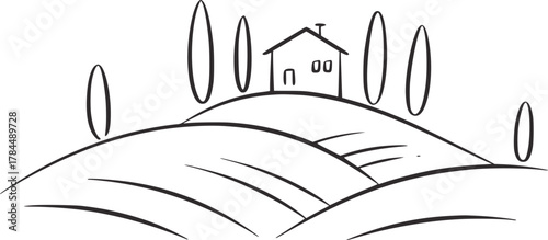 House on rolling hills with trees landscape nature