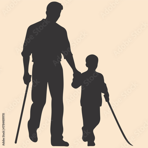 Silhouette of person guiding blind person by the arm on white background