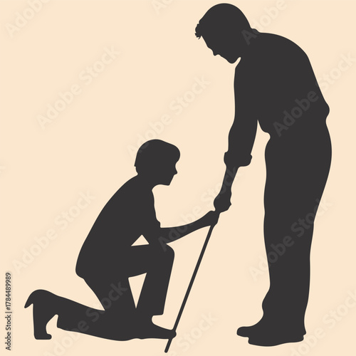 Silhouette of a tutor helping a blind student read Braille on white background