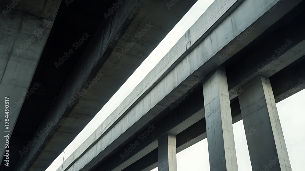 Fototapeta premium An upward gazing architectural shot reveals a concrete structure with beams and supports, set against a light sky. Modern infrastructure in linear perspective.