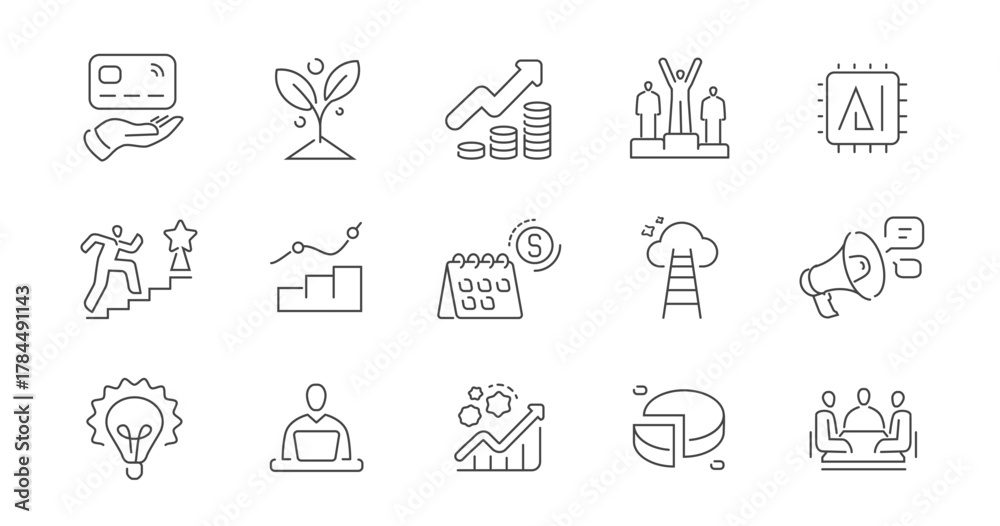 Fototapeta premium Business concept, thin line web icon set. Success, finance, commerce, office work symbols. Outline icons collection