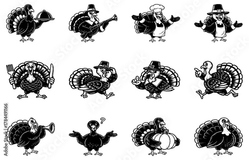 Doodle style illustrations of turkeys in various poses with wearing pilgrim and holding Thanksgiving-themed items like a platter, fork, knife and pumpkin on transparent background