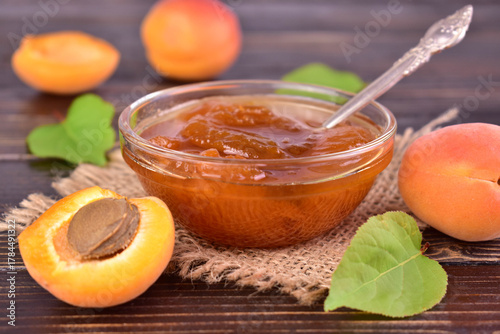 A bowl of homemade apricot jam. Close-up.
