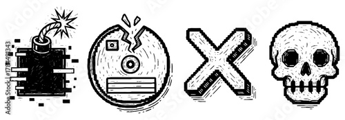 Pixel art-style icons with digital bomb, cracked compact disc, X symbol and skull, 8-bit retro aesthetic on transparent background