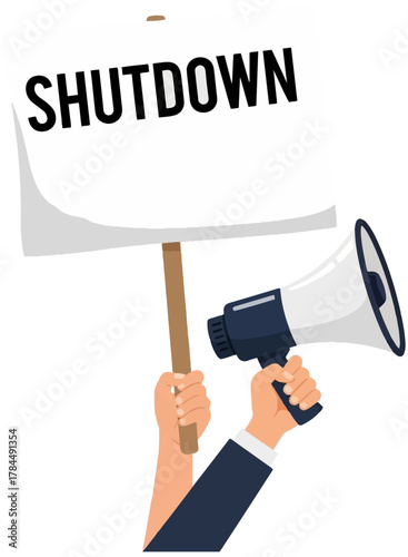 Protester grips megaphone and a sign reading “SHUTDOWN”, symbolizing public dissent and demonstration with energy of activism on transparent background