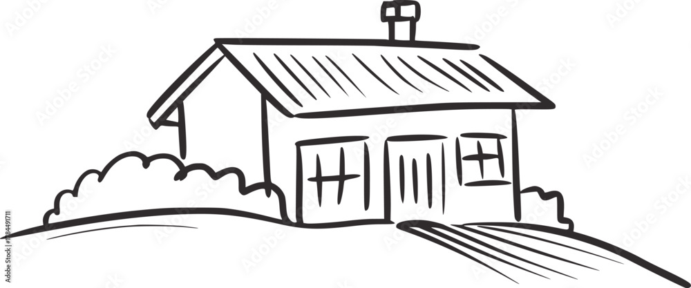 Naklejka premium Sketchy house with chimney and garden drawing