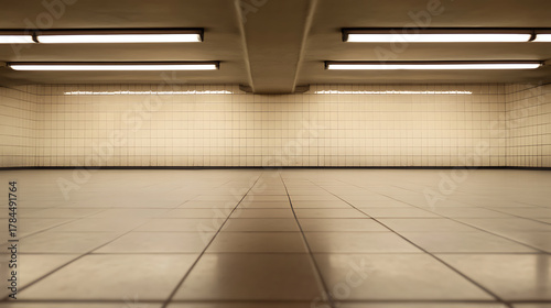 Fototapeta Naklejka Na Ścianę i Meble -  Subway station with ceramic tiles, illuminated by ceiling lights. A practical space with a clean and efficient design, suited for urban transit. An accessible public transit.