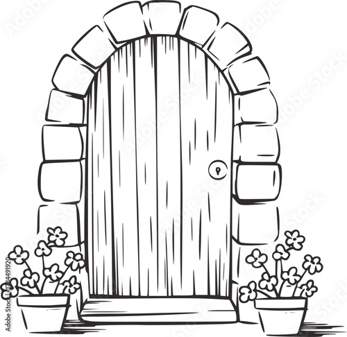 Stone arch wooden door with potted flowers plants