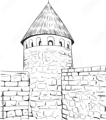 Stone tower and wall drawing architecture