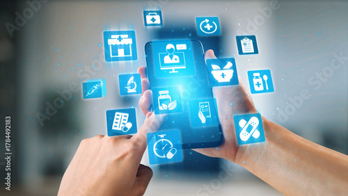 Online pharmacy icons showing medicine, healthcare, prescription and medical services with digital pharmacy, online drugstore, telemedicine and modern pharmaceutical solutions. Gist © InfiniteFlow