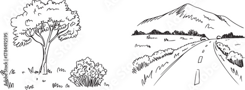 Tree and Mountain Road Sketch bush grass