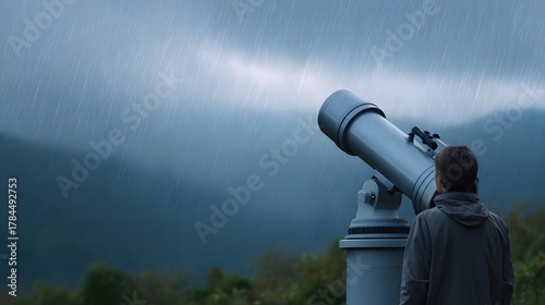 A person gazes through a large telescope at a misty rainy mountain landscape under an overcast sky