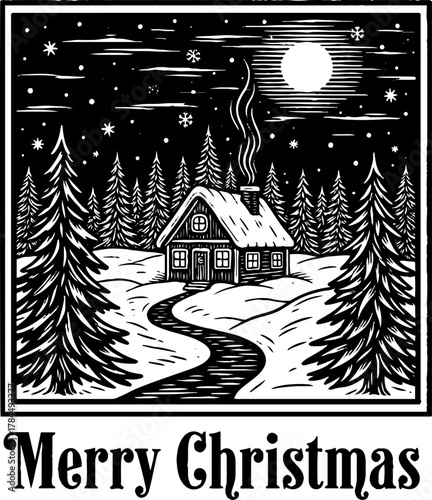 Starry Pine Hideaway with cosy cabin nestled in a snowy forest at night, Merry Christmas text at bottom