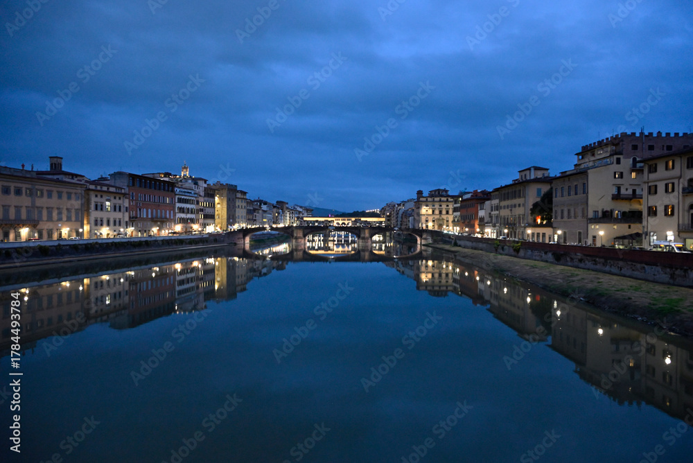 Naklejka premium Florence city views. Marble Dome, Details of Statues and Buildings. Arno River. Ponte Vecchio.