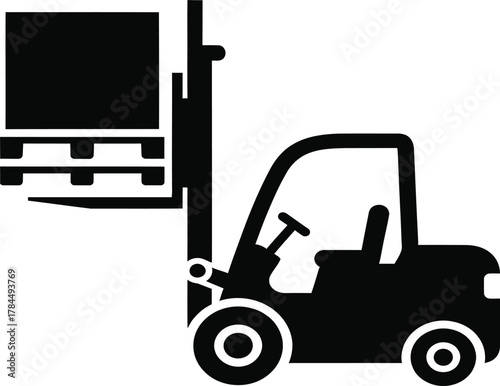 Black silhouette of a forklift truck lifting a pallet with a box in a warehouse setting