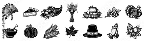 Vintage classic Thanksgiving symbols with a cornucopia, Türkiye, pilgrim hat, sailing ship, pumpkin and harvest items set on transparent background