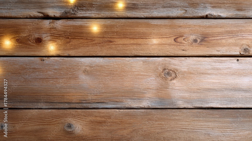 Fototapeta premium Warm Rustic Wooden Background with Soft Twinkling Lights Ideal for Holiday Decorations and Cozy Interior Designs