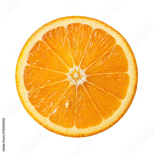 Close up overhead view of a vibrant juicy fresh orange slice with visible pulp and segments isolated on transparent background