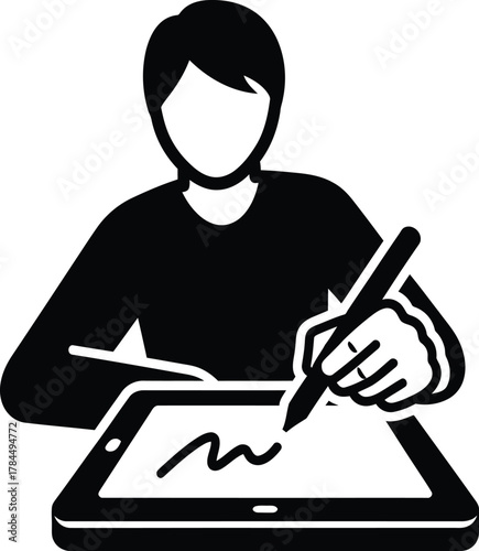 Person drawing on a digital tablet with a stylus pen creating art and design