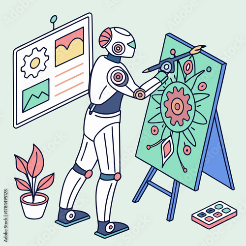 A robot artist is creating a colorful artwork on an easel, showcasing the intersection of technology and creativity in a modern setting