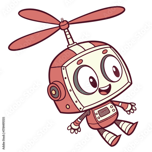 A cute cartoon robot with a propeller is flying, showcasing a whimsical blend of technology and imagination on