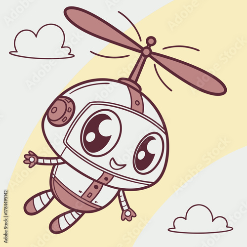 A delightful cartoon robot with a propeller hat takes flight against a soft backdrop, radiating joy and adventure in a whimsical, handdrawn style