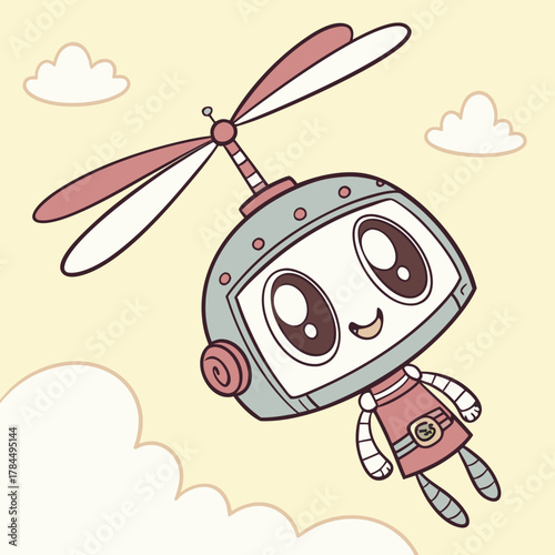 A charming cartoon robot with a propeller hat soars through a whimsical sky filled with fluffy clouds, radiating joy and adventure in a delightful scene