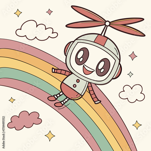 A cheerful cartoon robot with a propeller hat joyfully slides down a vibrant rainbow, surrounded by sparkling stars and fluffy clouds in a whimsical scene