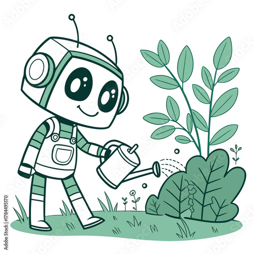 A cute robot is watering a plant with a watering can the robot is smiling and looks happy to be gardening
