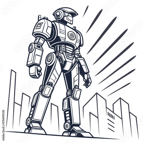 Illustration of a futuristic robot standing guard in a cityscape, this artwork showcases a blend of technology
