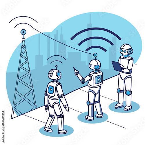 Illustration of robots communicating in a cityscape, this artwork showcases a blend of technology and communication