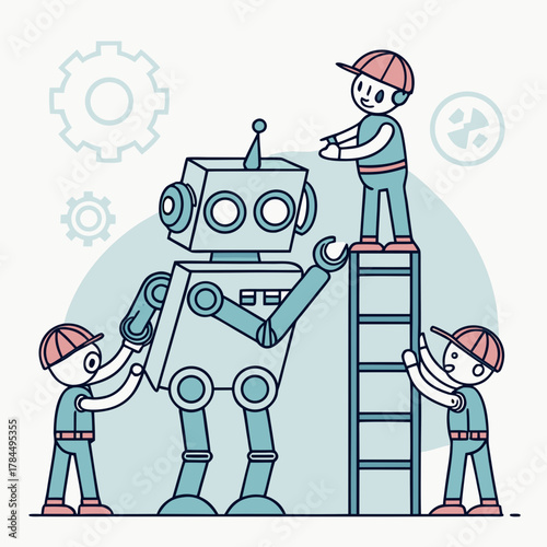 Illustration of people working on a robot, showcasing teamwork, engineering, and the construction of advanced technology