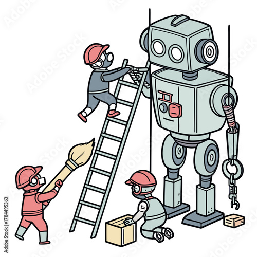 Illustration of people repairing a robot, showcasing teamwork, maintenance, and the construction of advanced technology