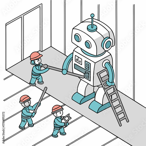 Teamwork makes the dream work as construction workers collaborate to repair a giant robot with tools and a ladder