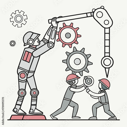 Teamwork makes the dream work as construction workers collaborate to repair a robot with gears and a crane