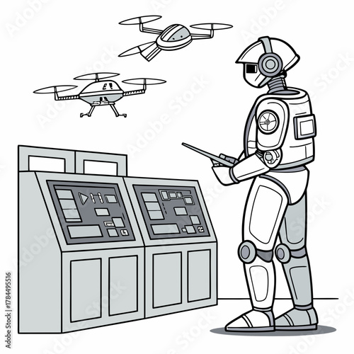 Robot controlling drones in futuristic setting, a depiction of advanced technology and automated surveillance systems