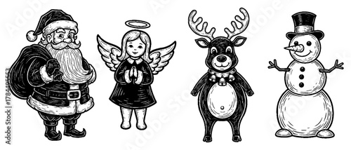 Vintage style classic Christmas characters with Santa Claus, angel, reindeer and snowman on transparent background