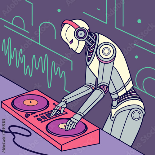 A robot dj with headphones is mixing music on a turntable, creating a futuristic and vibrant atmosphere with electronic beats and colorful visuals