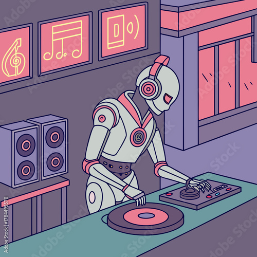 A robot dj is mixing music in a neonlit club, creating an electrifying atmosphere with vibrant colors and futuristic sounds for the audience